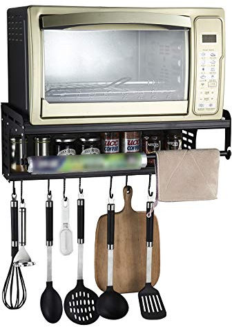 Space soporte de pared para horno microondas de aluminio doble estante con ganc Estante para cocina para microondas y con dos 2 niveles para colgar en la pared