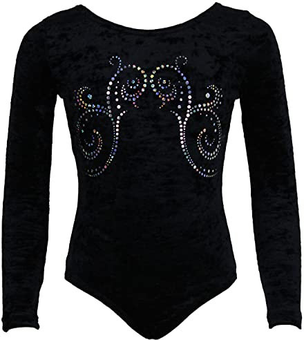 GymStern Mädchen Langarm Gymnastikanzug aus Stretch Velvet blickdichter Kinder Turnanzug mit Rundhals Samt & Hexagon-Pailletten Turnbody Gymnastiktrikot Turntrikot Farbe Schwarz, Größe 116