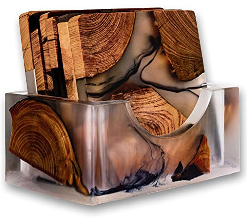 Avocrafts Untersetzer aus Holz, Epoxidharz, moderne Untersetzer mit Halter, Zedernholz (4 Stück mit Halter)