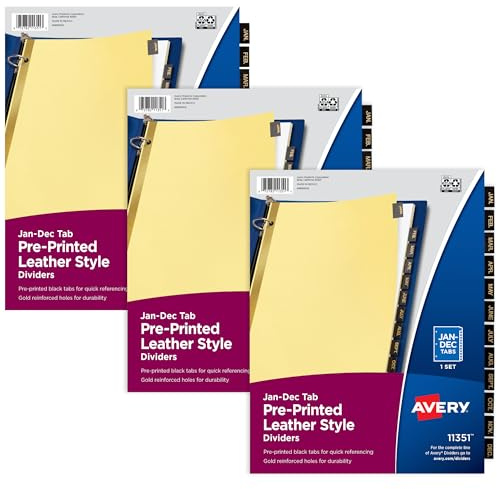 Avery Jan-Dec Dividers for 3 Ring Binders, 12 Tabs per Set, Pre-Printed Black Leather Tabs, Great for Organizing Records, Reports, Finances, and Other Important Documents (3 Sets of 26180)