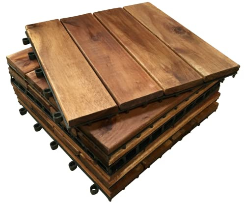 CLICK-DECK Piastrelle per pavimenti in legno di acacia a 4 doghe extra spesse, patio, giardino, balcone, vasca idromassaggio. Piastrelle quadrate da 30 cm, (18 piastrelle per pavimenti in legno duro)