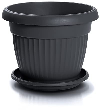 IMJ-Global Vaso con Sottovaso per piante Fiori DCE45-POD37 TERRA Tondo Ø45cm da interno esterno Nero 27 Litri Ø45x35 cm design Classico Fioriera in plastica da balcone Grigio Antracite