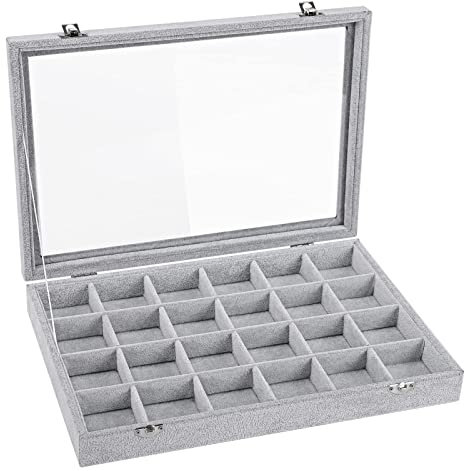 Emibele Ripiano Gioielli 24 Scomparti, Portagioie con Imbotittura in Veluto, Accessori Gioielleria, Porta Gioielli Donna Espositore Orecchini Portagioie per Gioielli collane Orologi Orecchini- Grigio
