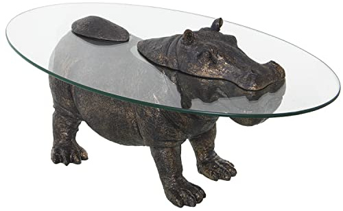 DRW Couchtisch mit einem Nilpferd aus Kunstharz in Altgold und transparentem Glas, 80 x 50 x 37 cm