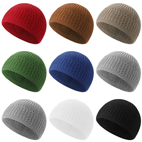Funtery 9 Stück Strickmütze Kufi Hüte Totenkopf Mützen für Männer Frauen Muslim Helm Liner Atmungsaktive Ramadan Häkelmütze, Traditionelle Farben.