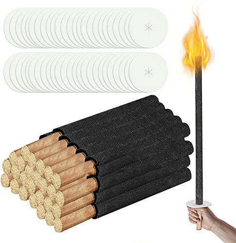 Izrielar Torce di cera 100 pezzi, tempo di combustione 100 min, torce da giardino per esterni in cera naturale, con protezione per le mani, manico extra lungo, per bambini falò escursione notturna