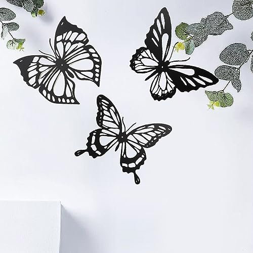 Curqia 3 Stück Metall-Wandkunst, Schmetterling, schwarze Wanddekoration, Blumen-Wandbehang für Garten, Terrasse, Zaun, Wohnzimmer, Balkon, Haus, Innen- und Außenbereich
