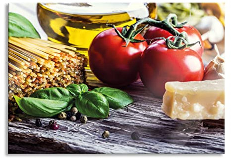 Pixxprint Glasbild, Wandbild aus Echtglas, Spaghetti Tomaten Parmesan, 100x70 cm, inkl. Aufhängung und Abstandshalter