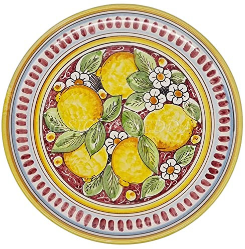 sicilia bedda - Piatto in Ceramica di CALTAGIRONE Decorazioni ARTISTICHE - Articolo Dipinto a Mano (Diametro 30 Piano, Limoni Bordeaux)