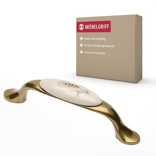 Gedotec Möbelgriff aus Porzellan und Metall | 1 Stück | Griffe für Küchenschränke inkl. Befestigungsmaterial | OLGA | Möbelgriffe Messing antik Ähre mit BA 96 mm | Türgriffe - Möbelknauf - Griffmulden