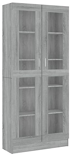 Homvdxl Floor Display Cabinet, 5-Tier Tall Bookshelf with Glass Doors 5 Cube Shelves, Bookcase Sideboard Cabinet for Bedroom, Living Room, Kitchen, Home Office 185x82cm, Grey+Oak
