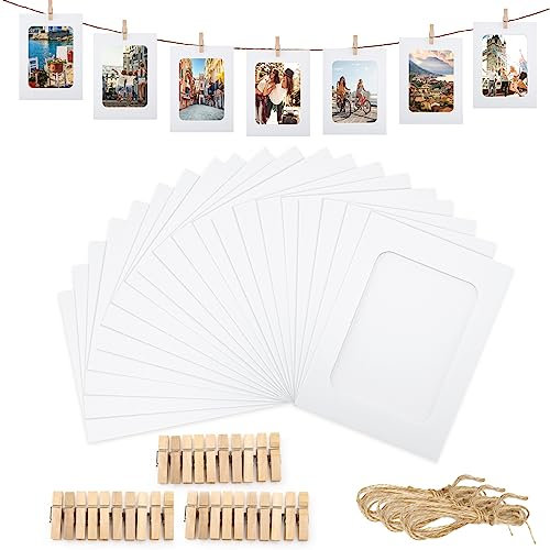 Anwyll 30 Stück weiße Papier-Bilderrahmen, 10.2x15.2 cm, Kartonpapier-Bilderrahmen mit Mini-Holzklammern und Jute-Schnüren, DIY-Clip, Fotohalter, Foto-Hänge-Display-Set, Party, Büro