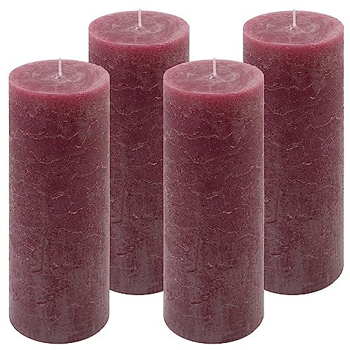 Rustik-Kerze Höhe 20 cm Ø 7,5 cm lange Brenndauer Rund-Kerze Säulenkerzen Kerzen-Deko Tafelkerzen Weihnachts-Kerzen Hochzeits-Deko (bordeaux, 4)