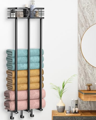 ENONCI Toallero montado en la Pared, Almacenamiento de Toallas para baño, Soporte para Toallas con Estante y 3 Ganchos, toalleros de Pared con Capacidad para hasta 6 Toallas enrolladas Grandes (63 x