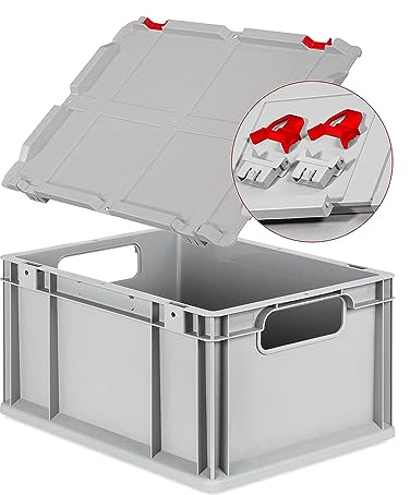 Eurobox NextGen Economy 40x30x22cm Griffe offen mit Scharnierdeckel grau, Kunststoffbox 20 Liter stapelbar, Transportbehälter Industriebox Farbe Deckel-Verschlüsse wählbar (Verschlüsse Rot)