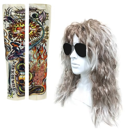 SKHAOVS 80er Rocker Perücke Weiß Herren Tattoo Ärmel 80er Jahre Vokuhila Perücke Rocker Punk Popstar Perücke Disco Punk Männlich Kostüm Für Fasching Karneval Motto Party Und Cosplay (Weiß)