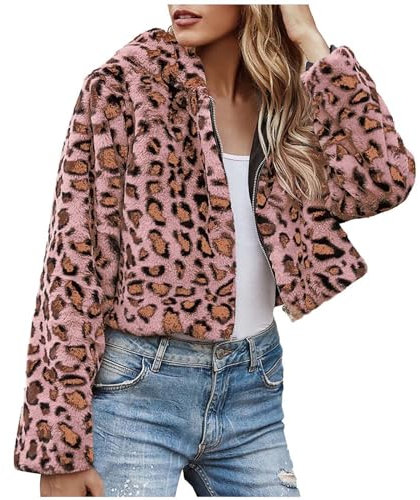 Rosa Leopard Pelzmantel Damen Kunstfell Winterjacke mit Kapuze Kurz Kunstpelze Jacke Dicke Warme Mantel Langarm Felljacke Wintermantel Große Größen Fellmantel Winter Pelzjacke Übergangsjacke 3XL