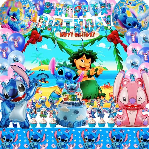Lil l y Stic Decoración Cumpleaños, Stic Coleccion Aniversário Lil y Stitc Globos Cumpleaños Rosa, Azul, Stitc Decoración Fiesta Cumpleaños Niña Niño para Banners, Mantele, Globos Aluminio Stitck
