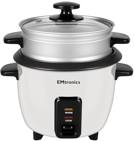 EMtronics EMRCDSTWH1-5 Rice Cooker 1.5 Litre with Automatic Cooking, Steamer Tray and Warmer Function with Removable Non-Stick Bowl, Measuring Cup and Spatula 500W - White