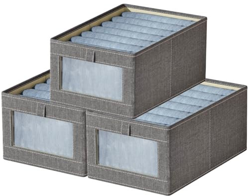 Goesort 3 Pack Wardrobe Storage Organiser Fabric Clothes Organiser, Closet Storage Boxes with Clear Window For Jeans Pants Shirts Leggings Sweaters, Medium, Grey