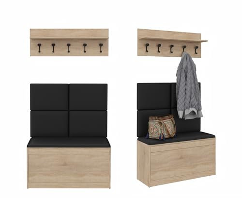 PLATAN ROOM Wand-Garderobe Set mit Garderobenpaneel & Schuhschrank & Hängeschrank 100 cm Flurgarderobe Garderobenset Flur Eiche Holz Weiß (3-TLG. Mir 4 paneel, Sonoma Eiche)