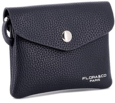 flora & co - Petit Porte-Monnaie Cartes Similicuir Souple - Portefeuille Pochette Rabat Zip avec Crochet Porte-clé - Pratique Léger - Bleu