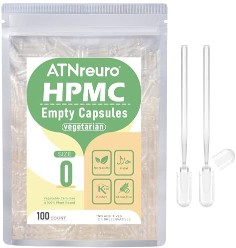 ATNreuro Gélules Vides Végétales Taille 0 (100 unités) - Gélules Vides Végétaliennes à Remplir - Transparent - Végétarien - Capsule Vide avec Micro Cuillère - Idéales pour Vitamines et Compléments