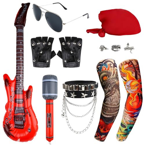 QMLING 11 Stück Rocker Kostüm Zubehör Set, Punk Gotik Rocker Kit, Punker Rockstar Kostüm Herren Damen Kinder mit Ringen Brille Handschuhen Tattoo Ärmel Bandana Armband Aufblasbare Mikrofongitarre