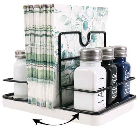 Janxin Drehbarer Serviettenhalter, Weiß Napkin Dispenser for Worktop, Napkin Holder, Weißer Sockel, 360° Drehbar, Landhausstil, Geeignet für Papierhandtücher und Gewürzflaschen (Weiße Basis + drehbar)