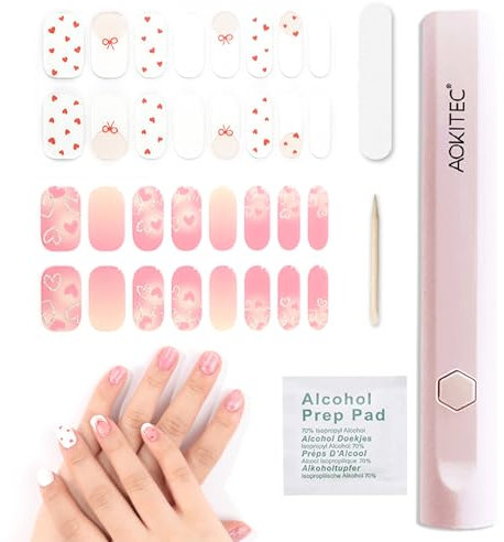 Aokitec Ongles Autocollants Adhesif avec Lampe UV, 32 pcs Faux Ongles Autocollants, N'abîme pas les ongles, Facile à utiliser, Stickers Ongles avec UV Lamp Nails pour Nail Art, Blanc et rose