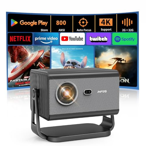 INFGO Smart Projector, 800 ANSI Home Cinema Projector 4K-Supported Portable Full HD 1080P WiFi 6 Bluetooth 5.4 for Smartphone laptop, black