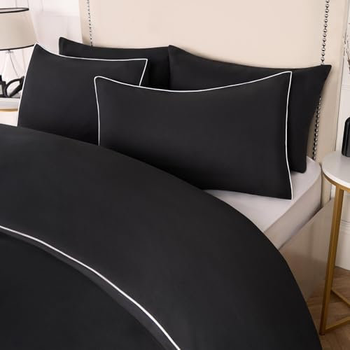 OHS Superking Duvet Set Piped Edge, Soft Cosy & Comfy Fabric Microfibre White Piped Edge Timeless Black Superking Cover Set Including 2 Pillowcases, White/Black