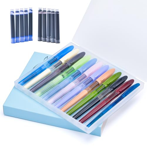 12 PCS Jinhao Mako Fountain Pen Fine Nib with 10 Cartridges (5 Black+5 Blue) Diversity Color Lot Pens Case Set with Refillable Converters