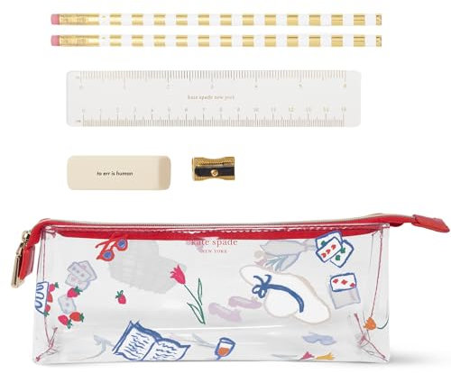 kate spade new york Durchsichtiges Stift- und Federmäppchen für Damen, niedliches Arbeitsschreibwaren, PVC-Reißverschlusstasche, inklusive 2 Bleistifte, Spitzer, Radiergummi und Lineal (Park Picknick)