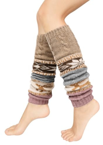 UMIPUBO Women Leg Warmer Striped Ethnic Knitting Wool Footless Knee High Boot Socks Christmas Boot Cuff Cover, Khaki Deer