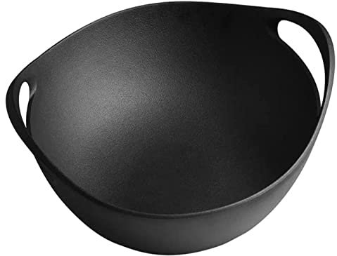 CHCWR Wok Pan tradicional Pot de hierro fundido chino Wok SUCT BAN con tapa de madera y mango doble para cocinar freír, estofarse y freír, 36 cm (color: 32 cm) Visión