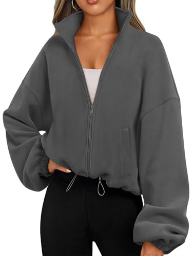 Famulily Womens Drawstring Hem Long Sleeve Crop Sweatshirt Tops Full Zip Fleece Short Jacket with Pockets S to XL