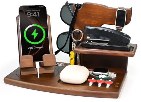 Wooden Bedside Organiser for Men, Desk Organizer Gifts for Him, Upgraded Rotatable Wood Phone Docking Station and Nightstand Dock for Keys, Wallet, Phone, Glasses, Gifts for Men Dad Husband Christmas