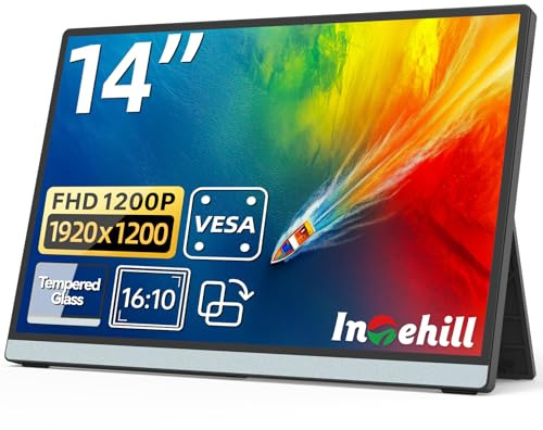 Intehill 14 Inch Portable Monitor, 1920x1200 Portable Display with Fully Covered Tempered Glass, 16:10 HDMI USB-C External Display with Speakers and Stand, Monitor