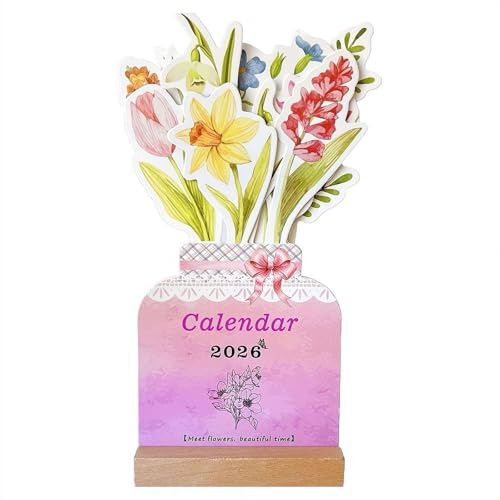 Bloomy Flowers Tischkalender 2026 - Floral Monatskalender Tischkalender mit Holzsockel, Vasenförmige Stehdekoration, Abnehmbarer Seitenplaner für Zuhause, Büro, Schule Schreibtisch