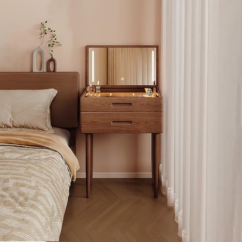 WXHJM Schminktisch Massivholz mit LED-Beleuchtung, 3 Farben mit Einstellbarer Helligkeit, Frisiertisch mit Spiegel, Glasplatte, 2 Schubladen, Mini-Nachttisch für Schlafzimmer A,60cm