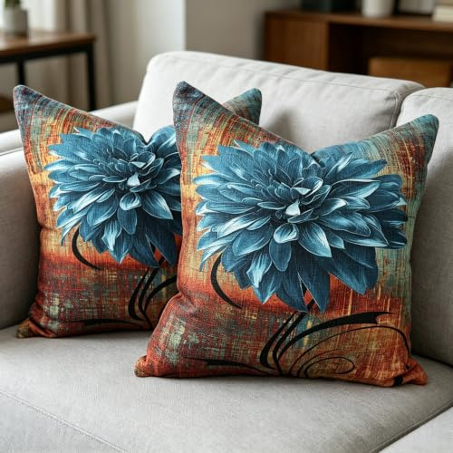 OYIMUA Weich Chenille Blumen Kissenbezug 50x50 Rost Türkis 2er Set | Modern Sofakissen Dekokissen,Quadratisch Couchkissen Kuschelkissen,Deko Wohnzimmer Schlafzimmer,Beidseitig Bedruckt