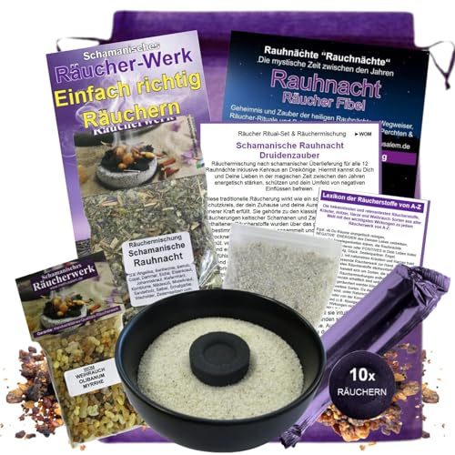 Rauhnächte räuchern 10-TLG SCHAMANISCHE Rauhnacht Räucherset 20-Kräuter Räuchermischung, WEIHRAUCH & MYRRHE, RÄUCHERSCHALE, 8X Zubehör, TÄSCHCHEN (Geschenksäckchen) 81146-SWOM