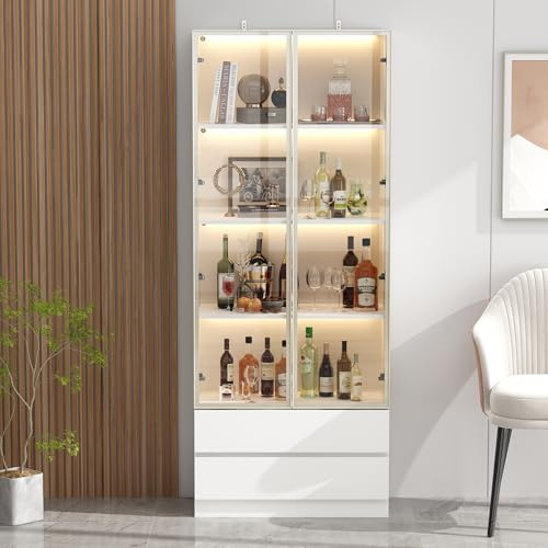 DEZAGCE Vitrinenschrank mit Glastüren & LED, 200 × 80 cm, Weiß | Hohe MDF-Vitrine · Beleuchtung · Glastüren · Bücher, Gläser, Dekoration und Sammlerstücke