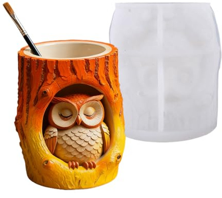 Lebkumas Moldes de silicona para resina,Tocón y búho antiadherentes - Moldes de silicona para fundir maceteros | Maceta Portalápices Organizador Decoración del Hogar Manualidades DIY Yeso