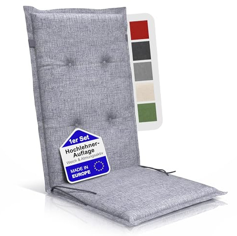 BI International Relexo Premium - Hochlehner Auflage Gartenstuhl Stuhlauflage mit Polster, Outdoor Sitzkissen & Stuhlkissen für Gartenmöbel Auflage wetterfest, Sitzkissen bequem (Grau, 6er Set)