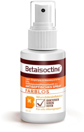 Betaisoctine Spray 50 ml: Farbloses Antiseptikum für kleine Wunden & Hautdesinfektion, breites Wirkspektrum gegen Bakterien, Viren und Hefen, effektiv & sanft bei Alltagswunden