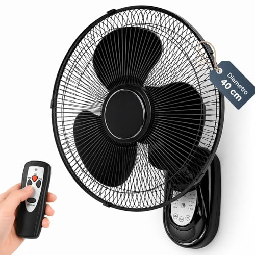 BAKAJI Ventilatore da Parete con Telecomando, Griglia da 40 cm, 3 Livelli di Velocità Selezionabili, 5 Pale, 65 Watt di Potenza, Oscillazione Laterale Automatica, Nero