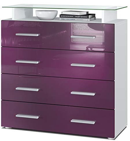 Vladon Sideboard Pavos V2, Kommode mit 4 Schubladen und Glasablage, Weiß matt/Brombeer Hochglanz (76 x 81 x 35 cm)