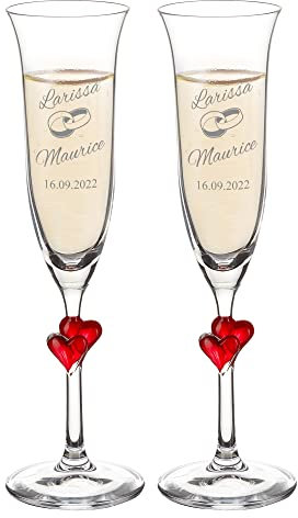 AMAVEL 2er Set Sektgläser mit einem roten Herz und Gravur zur Hochzeit, Motiv Ringe, Personalisiert mit Namen und Datum, Füllmenge: 175 ml